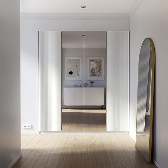 Čtyřdveřová skříň Neroli, jednoduché drážky/zrcadlo, bílá