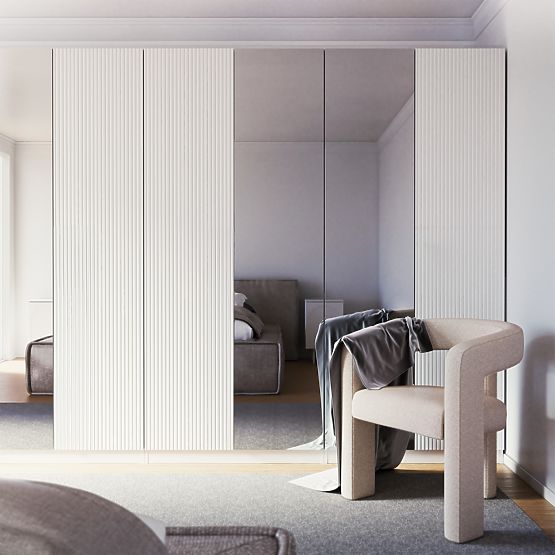 Čtyřdveřová skříň Neroli, jednoduché drážky/zrcadlo, bílá