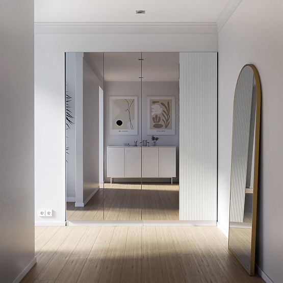 Čtyřdveřová skříň Neroli, zrcadlo/jednoduché drážky, bílá