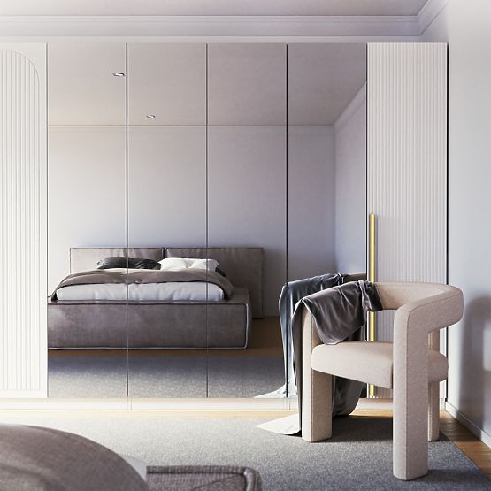 Čtyřdveřová skříň Neroli, zrcadlo/jednoduché drážky, bílá