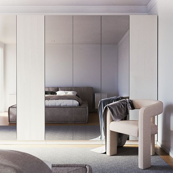 Čtyřdveřová skříň Neroli, zrcadlo/jednoduché drážky, bílá