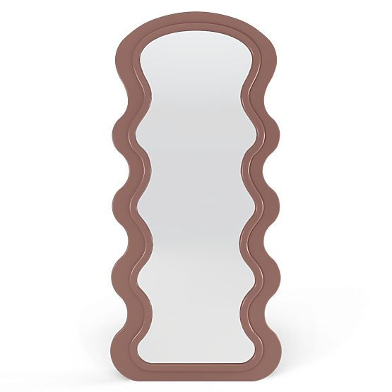 Dekorativní závěsné zrcadlo v dřevěném rámu Vale 177x75 cm, vlnité, organický tvar, mocha mo