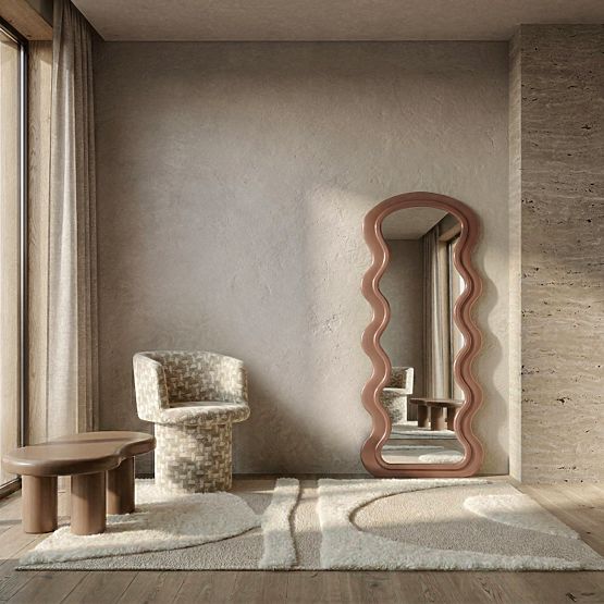 Dekorativní závěsné zrcadlo v dřevěném rámu Vale 177x75 cm, vlnité, organický tvar, mocha mo