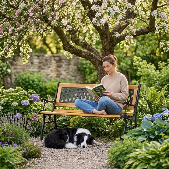 Dřevěná zahradní lavička 126x51 cm s mřížkovým opěradlem a litinovými nohami parková MultiGarden