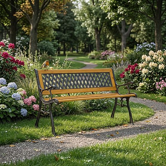 Dřevěná zahradní lavička 126x51 cm s mřížkovým opěradlem a litinovými nohami parková MultiGarden