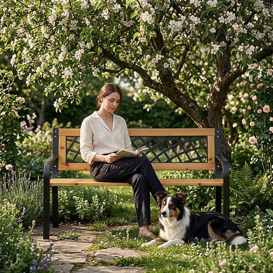 Dřevěná zahradní lavička s mřížkovým opěradlem 118x52 cm parková MultiGarden