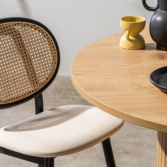 Dřevěná židle Monet s vídeňským výpletem, ratan, samet, černá/béžová