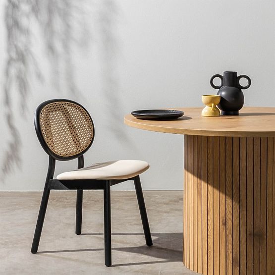 Dřevěná židle Monet s vídeňským výpletem, ratan, samet, černá/béžová