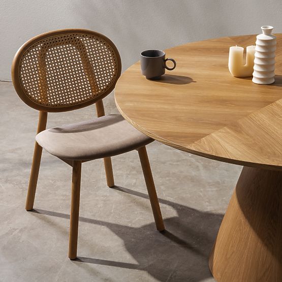 Dřevěná židle Monet s vídeňským výpletem, ratan, velur, přírodní/světle hnědá