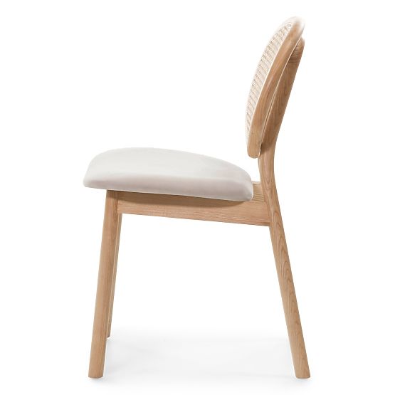 Dřevěná židle Monet s vídeňským výpletem, ratan, velur, přírodní/světle hnědá