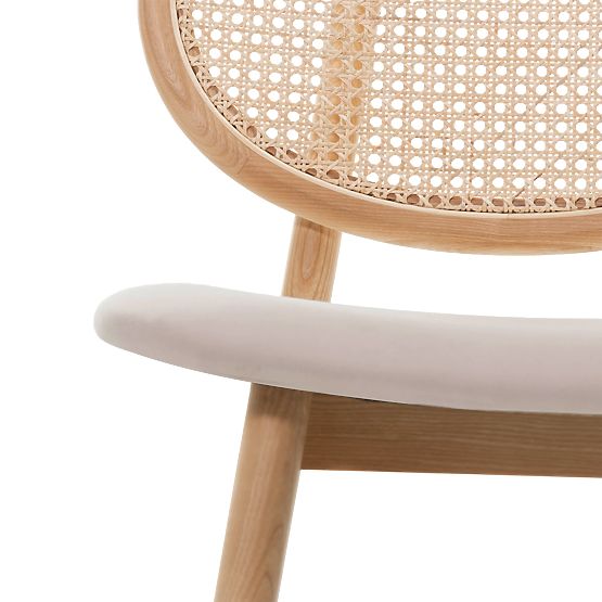 Dřevěná židle Monet s vídeňským výpletem, ratan, velur, přírodní/světle hnědá