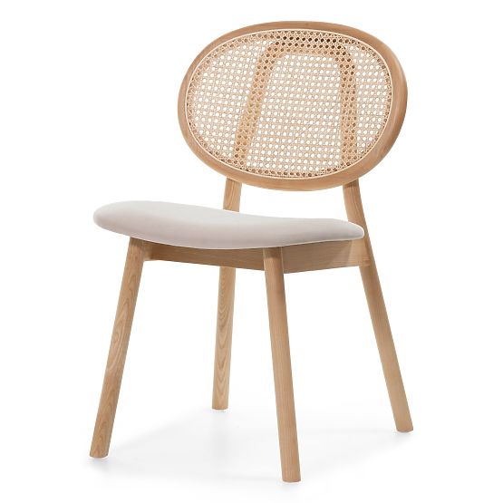 Dřevěná židle Monet s vídeňským výpletem, ratan, velur, přírodní/světle hnědá