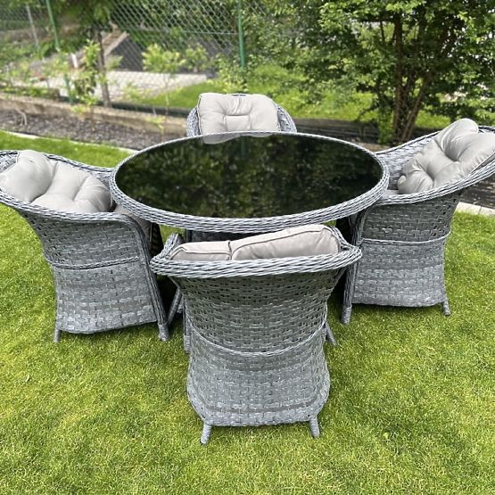 Jídelní souprava z technoratanu (kulatý stůl + 4 křesla) MODERNO šedá