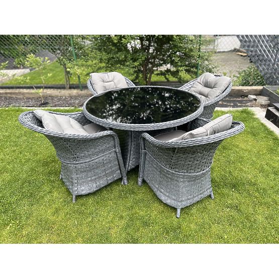 Jídelní souprava z technoratanu (kulatý stůl + 4 křesla) MODERNO šedá