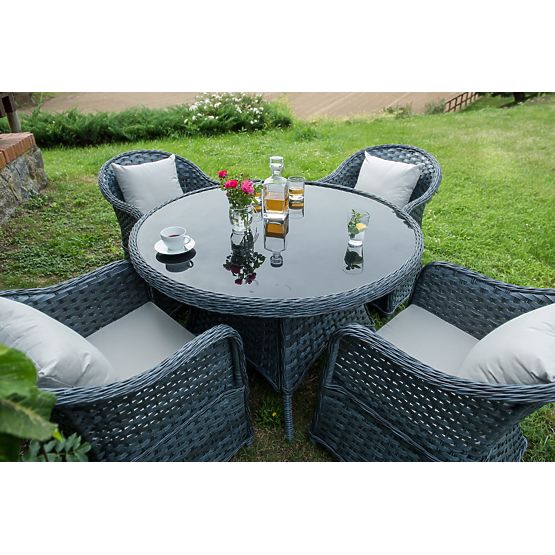 Jídelní souprava z technoratanu (kulatý stůl + 4 křesla) MODERNO šedá