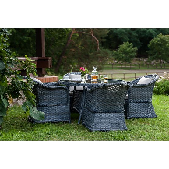 Jídelní souprava z technoratanu (kulatý stůl + 4 křesla) MODERNO šedá