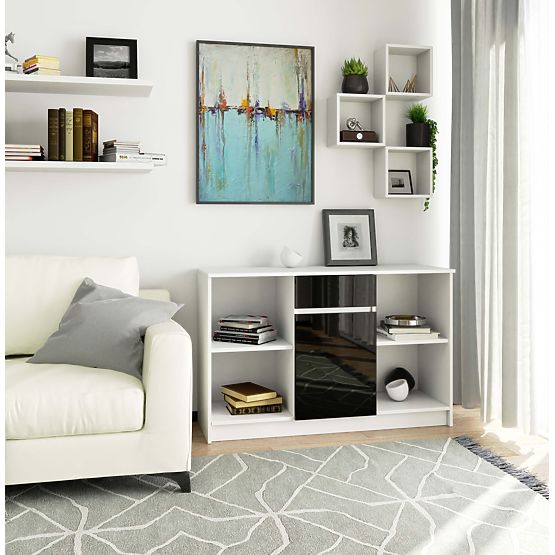 KOMODA B-17 120 cm 1 ZÁSUVKA 1 DVEŘE PK BÍLÁ / ČERNÝ LESK