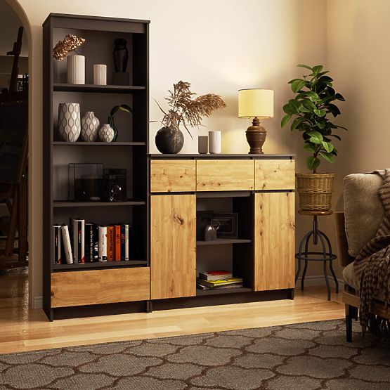 KOMODA K100 2D 3SZ 1P PK GRAFIT ŠEDÁ / DUB ARTISAN