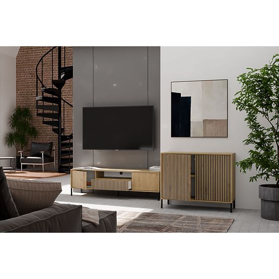 Komoda KAMARO 2D SLIM DUB ARTISAN Lamelový Přední Rýhovaný