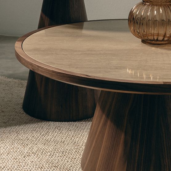 Konferenční stolek Kyoto 80 cm, kulatý, travertin/ořech