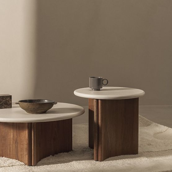 Konferenční stolek Marlo 80 cm, krémově bílý/ořech, mikrocement