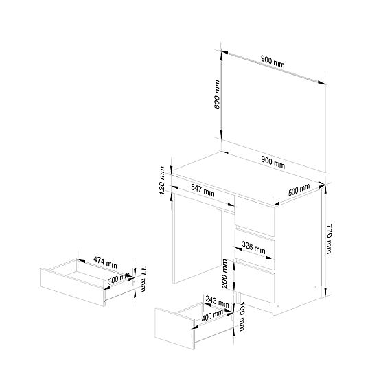 KOSMETICKÝ TOALETNÍ STOLEK S ZRCADLEM T-6/SL 900x600 PRAVÝ PK BÍLÝ