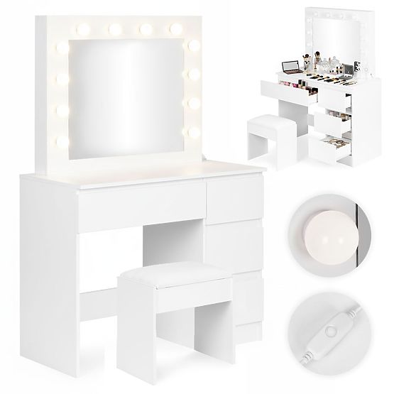 Kosmetický toaletní stolek se zrcadlem a LED osvětlením 4 zásuvky taburet ModernHome