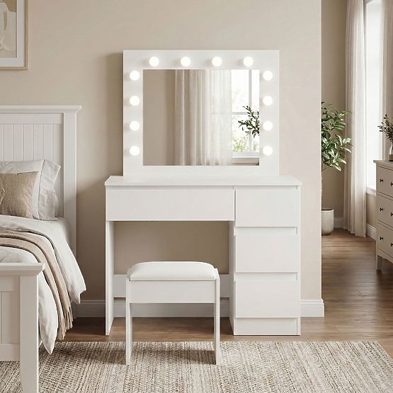 Kosmetický toaletní stolek se zrcadlem a LED osvětlením 4 zásuvky taburet ModernHome