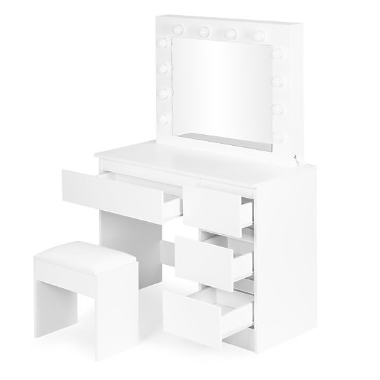 Kosmetický toaletní stolek se zrcadlem a LED osvětlením 4 zásuvky taburet ModernHome