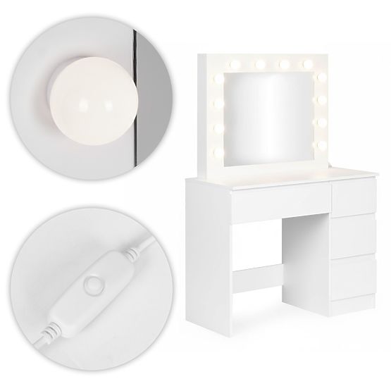Kosmetický toaletní stolek se zrcadlem a LED osvětlením 4 zásuvky taburet ModernHome