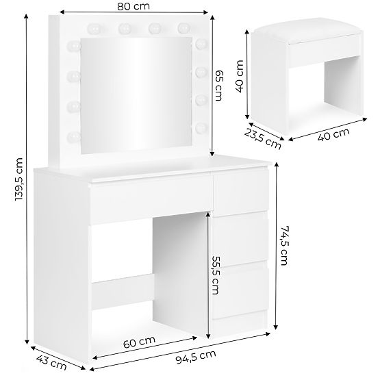 Kosmetický toaletní stolek se zrcadlem a LED osvětlením 4 zásuvky taburet ModernHome