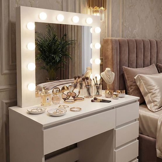 Kosmetický toaletní stolek se zrcadlem a osvětlením 5 zásuvek taburet ModernHome