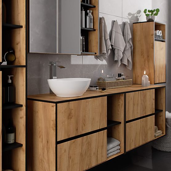 KOUPELNOVÁ SKŘÍŇKA POD UMYVADLO S OTVORY VAMI W90 UM 2SZ 2P DUB CRAFT / ČERNÁ