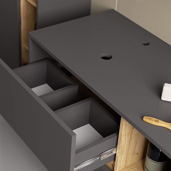 KOUPELNOVÁ SKŘÍŇKA POD UMYVADLO S OTVORY VAMI W90 UM 2SZ 2P GRAFIT ŠEDÁ / DUB ARTISAN