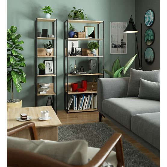 Kovový loftový regál 40 cm - černý-dub sonoma - 6 polic