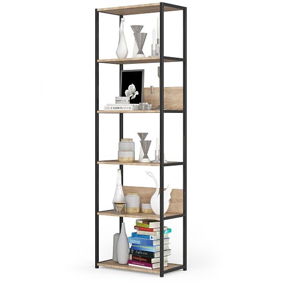 Kovový loftový regál 60 cm - černý-dub sonoma - 6 polic