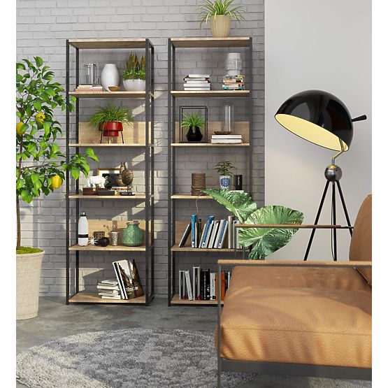Kovový loftový regál 60 cm - černý-dub sonoma - 6 polic