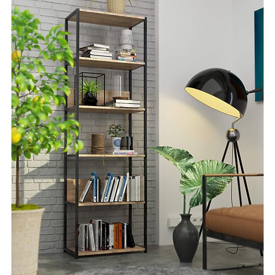 Kovový loftový regál 60 cm - černý-dub sonoma - 6 polic