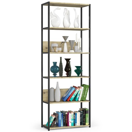 Kovový loftový regál 70 cm - černý-dub artisan - 6 polic