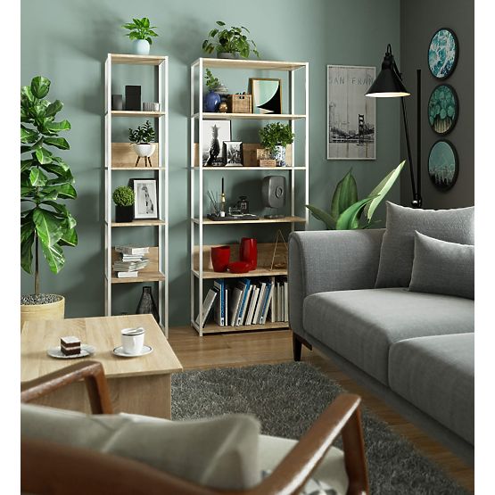 Kovový loftový regál 80 cm - bílý-dub sonoma - 6 polic