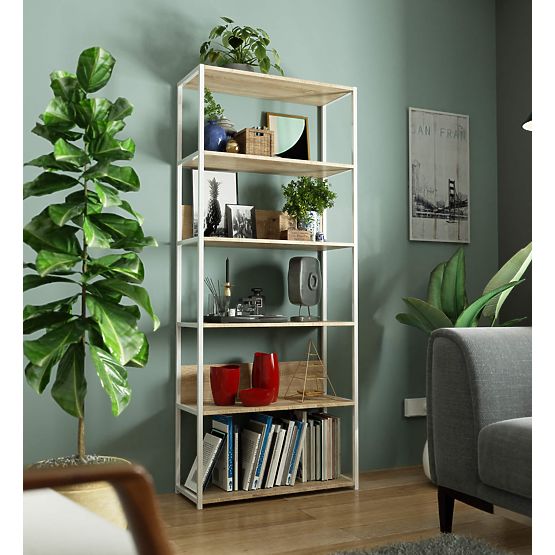 Kovový loftový regál 80 cm - bílý-dub sonoma - 6 polic