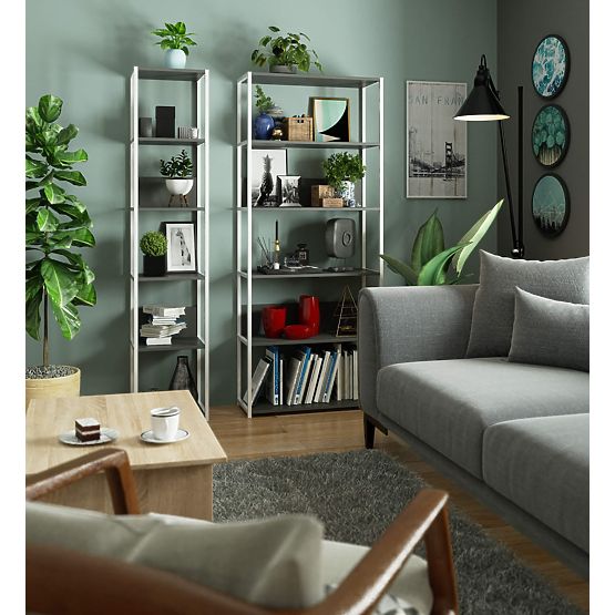 Kovový loftový regál 80 cm - bílý-šedý - 6 polic