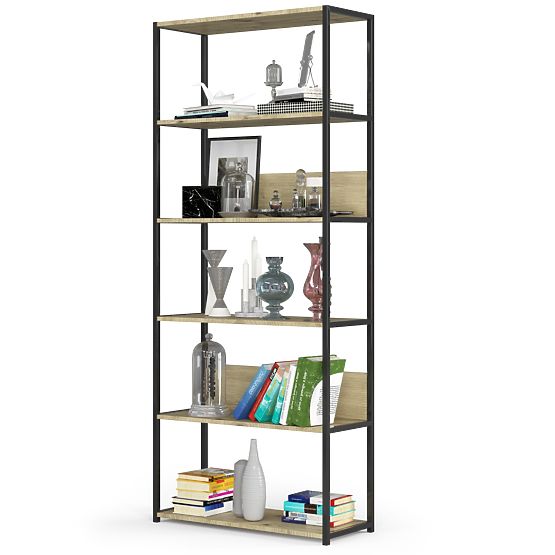 Kovový loftový regál 80 cm - černý-dub artisan - 6 polic