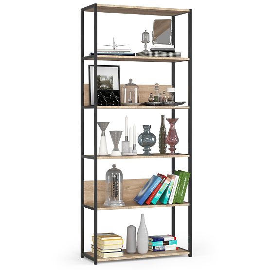 Kovový loftový regál 80 cm - černý-dub sonoma - 6 polic