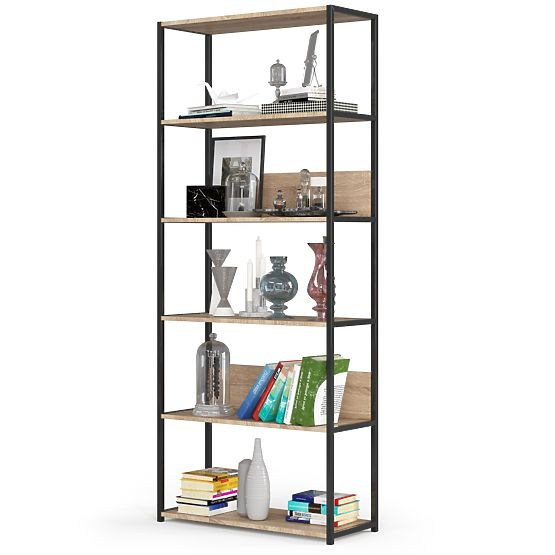Kovový loftový regál 80 cm - černý-dub sonoma - 6 polic