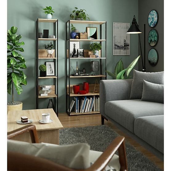 Kovový loftový regál 80 cm - černý-dub sonoma - 6 polic
