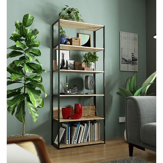 Kovový loftový regál 80 cm - černý-dub sonoma - 6 polic