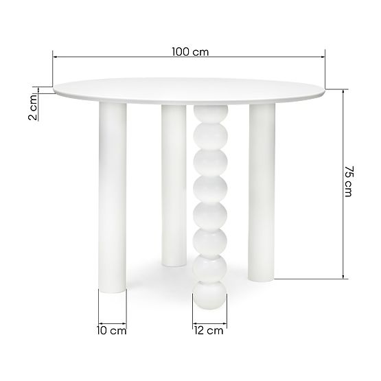 Kulatý stůl Bolla 100 cm, buková dýha, bílý, dekorativní noha s koulemi