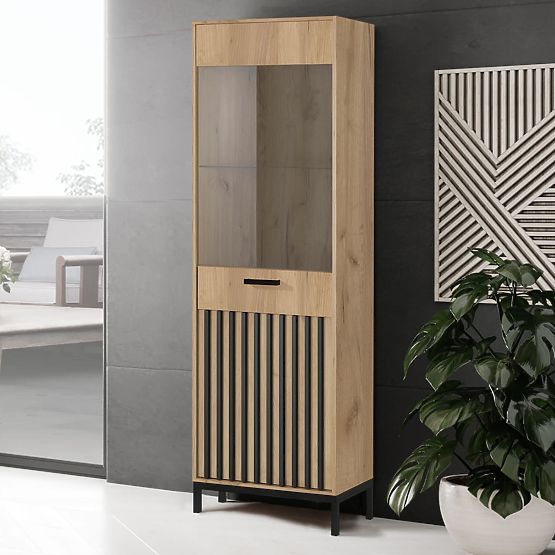 LAMINO W-1 vitrína dub craft/černá, nohy: černá