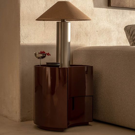 Noční stolek se zásuvkami Vena, bordový/hnědý, zaoblený, lesklý